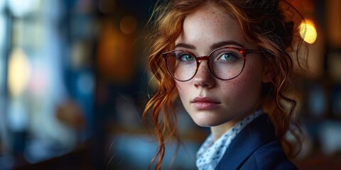 Red headed women woman with glasses, Ai generated