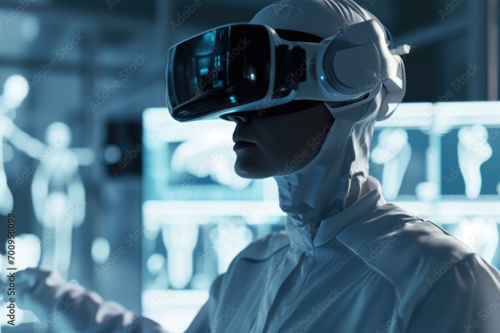 Poster a woman wearing a white lab coat is immersed in a virtual reality experience using a headset
