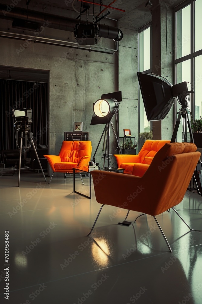 Poster a cozy living room with vibrant orange chairs and a large window. perfect for adding a pop of color 