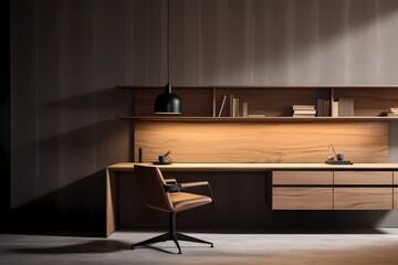 A minimalist home office with a sleek desk, a comfortable chair, and concealed storage solutions, promoting a productive and clutter-free workspace.