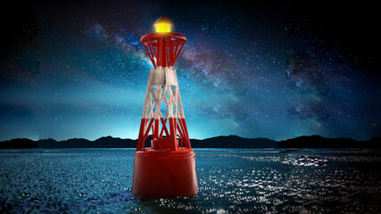 Sea buoy in the night. 3D illustration - obrazy, fototapety, plakaty