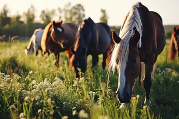 Horses peacefully grazing on a vibrant green field. Ideal for nature and animal-themed projects
