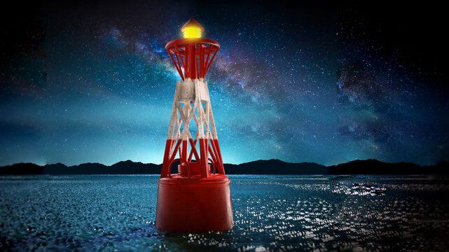 Sea buoy in the night. 3D illustration