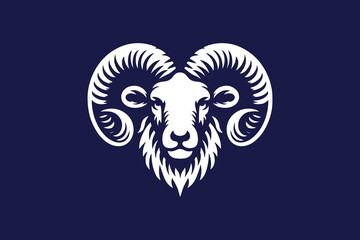 White goat head. Beautiful engraving logo, emblem, icon. On a blue background