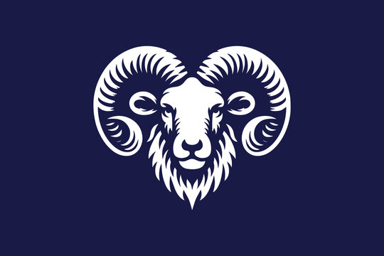 White goat head. Beautiful engraving logo, emblem, icon. On a blue background