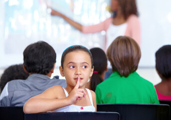 Hush sign, secret or child in classroom with mystery, gossip or fingers on mouth for quiet...