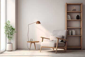 A minimalist reading corner with a cozy armchair, a floor lamp, and a built-in bookshelf, providing a serene space for relaxation and reflection.