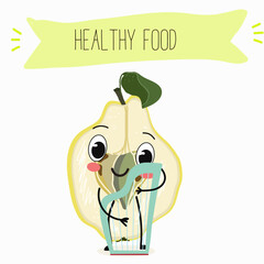 Quince fruit cute funny cheerful characters with different poses and activities. Natural vitamin antioxidant detox food collection. Flat vector illustration, funny fruits. Organic food.