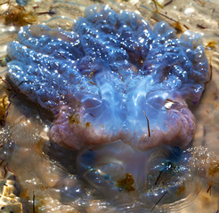 Dead jellyfish (Rhizostoma) washed ashore on sea shore - 700959484