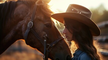 A woman wearing a cowboy hat standing next to a horse. Suitable for western-themed designs and equestrian-related projects