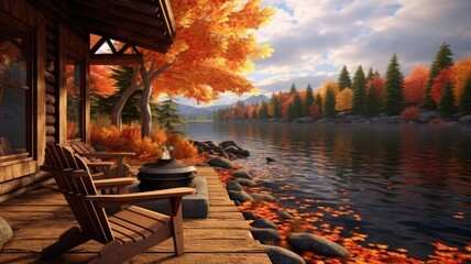 A cozy wooden cabin by a calm lake surrounded by colorful autumn trees. - obrazy, fototapety, plakaty