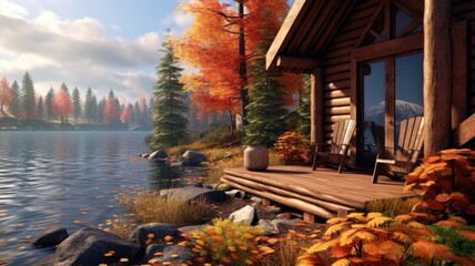 A cozy wooden cabin by a calm lake surrounded by colorful autumn trees.