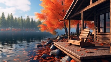 A cozy wooden cabin by a calm lake surrounded by colorful autumn trees.