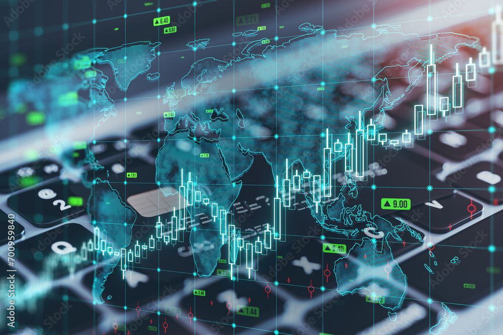 Poster close up of laptop computer with bank card on keyboard, growing upward chart, map, arrows and forex 