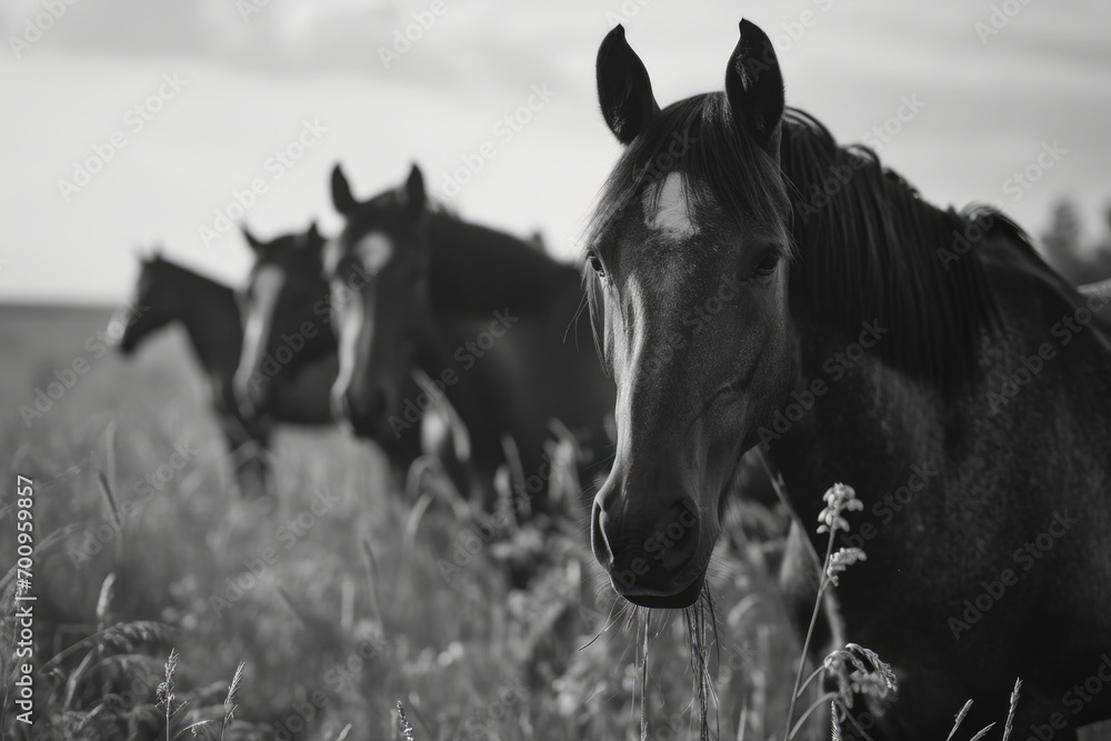 Poster a captivating black and white photo showcasing a group of horses. perfect for adding a touch of eleg