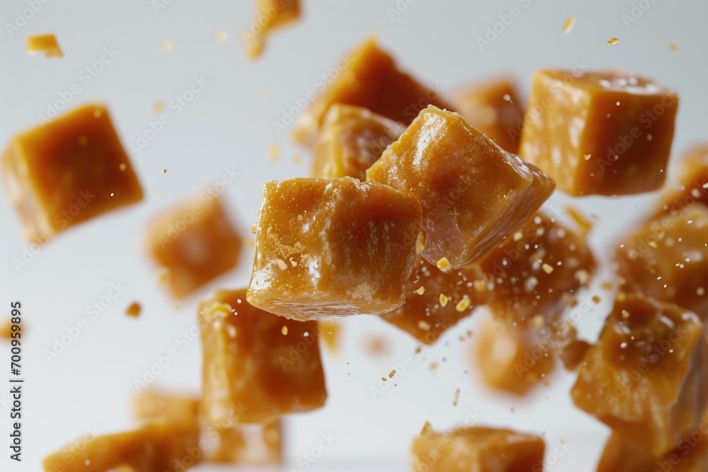 Wall mural Caramel pieces falling through the air. Ideal for food-related projects and advertisements