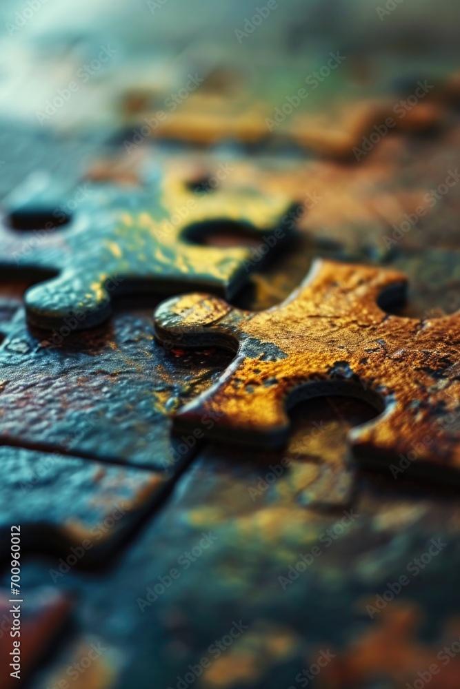 Poster a close up view of a single puzzle piece placed on a table. this image can be used for illustrating 