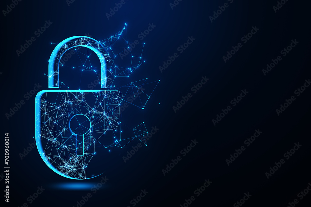 Poster Creative digital polygonal closed padlock hologram on blue background with mock up place. Safety, protection and security concept. 3D Rendering.