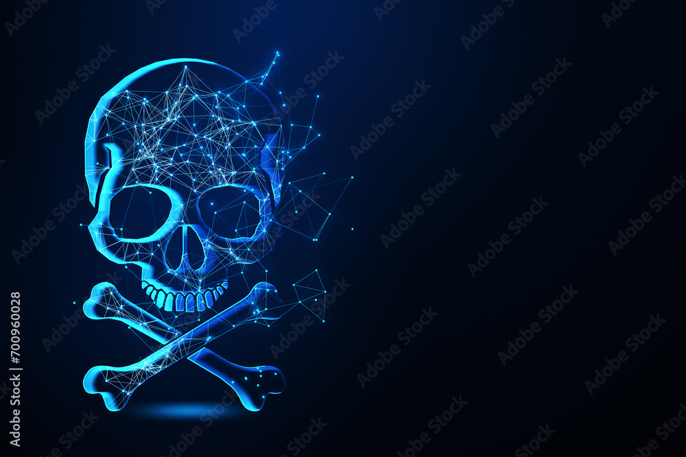 Poster Digital polygonal skull on dark blue backdrop with mock up place. Piracy and crime concept. Mock up place. 3D Rendering.