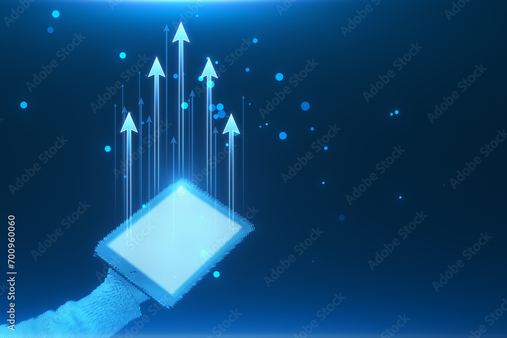 Poster close up of pixel hands holding tablet with glowing digital upward arrows and bokeh circles on blue 