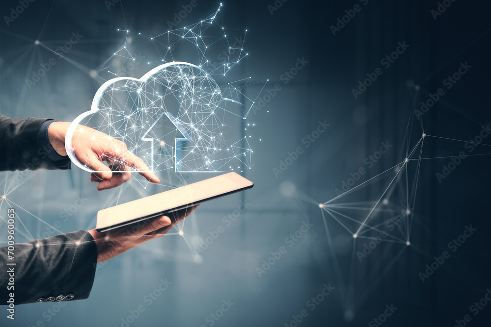 Poster Close up of businessman hands pointing at cellphone with digital polygonal cloud on blurry background. Data, server and storage concept.