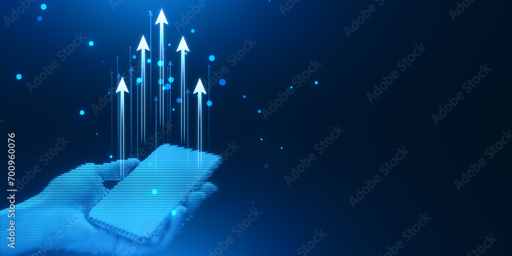 Poster Close up of pixel hands holding cellphone with glowing digital upward arrows and bokeh circles on blue background. Mock up.