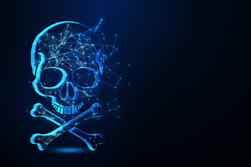 Digital polygonal skull on dark blue backdrop with mock up place. Piracy and crime concept. Mock up place. 3D Rendering.