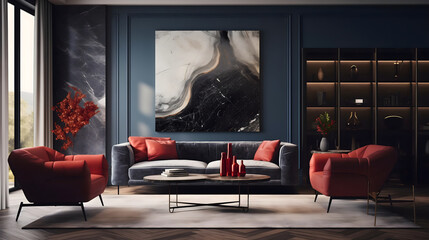 Minimalistic indoors living room interior design in red gray and blue colors. Small wooden table in the middle, abstract framed wall art behind the elegant and comfortable sofa couch