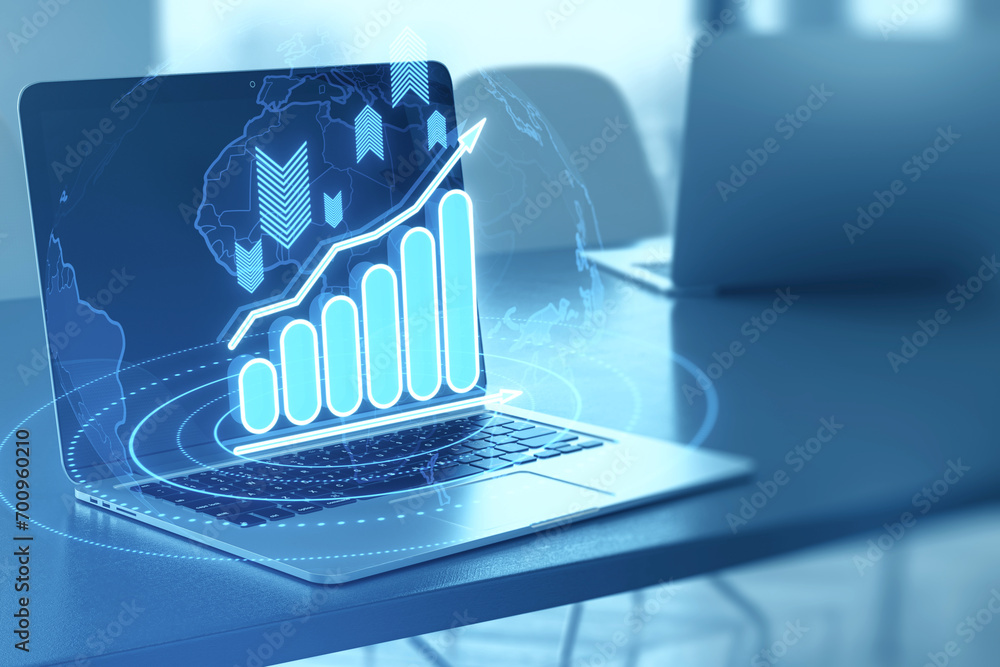 Poster close up of laptop computer with glowing business chart and globe hologram on blurry background. fin