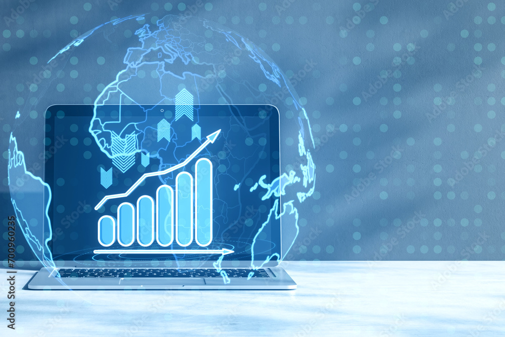 Poster Close up of notebook on desk with glowing business chart and globe hologram on blurry background. Financial plan graph. 3D Rendering.