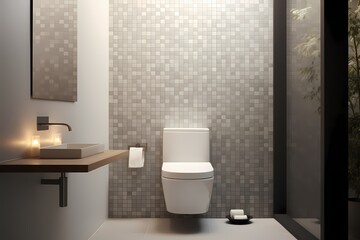 Fototapeta na wymiar A minimalist washroom with a wall-mounted toilet, a small corner sink, and a mosaic tile accent wall, adding texture and visual interest to the space.