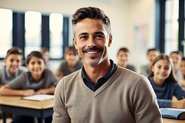 Fototapeta premium Inspiring Education: Smiling Male Teacher Engaging with Students in Elementary Classroom in Background