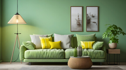 Minimalistic indoors living room interior design in green, white and yellow colors. Decorative plant placed on a small shelf, next to the comfortable sofa full of pillows. Framed wall arts behind 