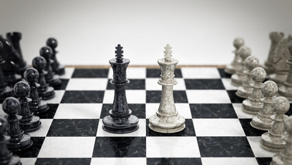 Chessboard with black and white kings facing each other. 3D illustration
