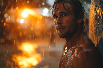 Raindrop Adonis: Wet Portrait of Young, Attractive, Muscular Man - obrazy, fototapety, plakaty
