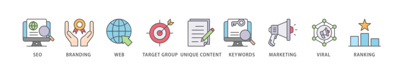 Content is king banner web icon vector illustration concept with icon of seo, branding, web, target group, unique content, keywords, marketing, viral and ranking