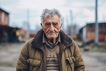Portrait of an old man on the background of an old building