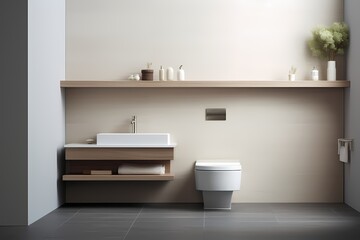 A minimalist washroom with a wall-mounted toilet, a floating shelf for toiletries, and a neutral color palette, promoting a calm and minimalist aesthetic.