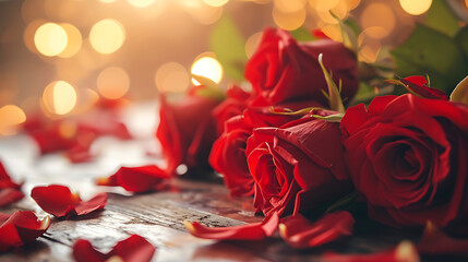 bouquet of red roses on wooden table - candles and rose petals - Love and valentine - Powered by Adobe