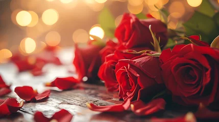 Fotobehang bouquet of red roses on wooden table - candles and rose petals - Love and valentine © Lisanne