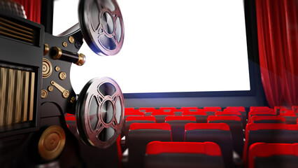 Vintage cinema projector in cinema theater. 3D illustration - obrazy, fototapety, plakaty
