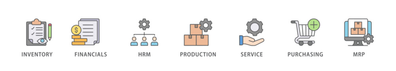 ERP banner web icon vector illustration concept for enterprise resource planning with icon of inventory, financials, hrm, production, service, purchasing, and mrp