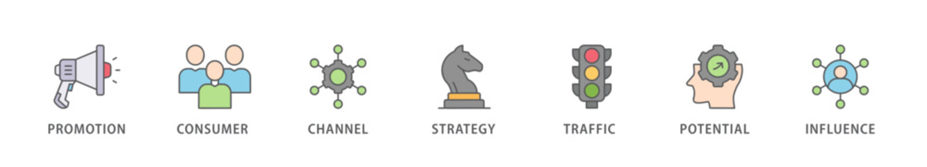 Lead generation banner web icon vector illustration concept with icon of promotion, consumer, channel, strategy, traffic, potential and influence