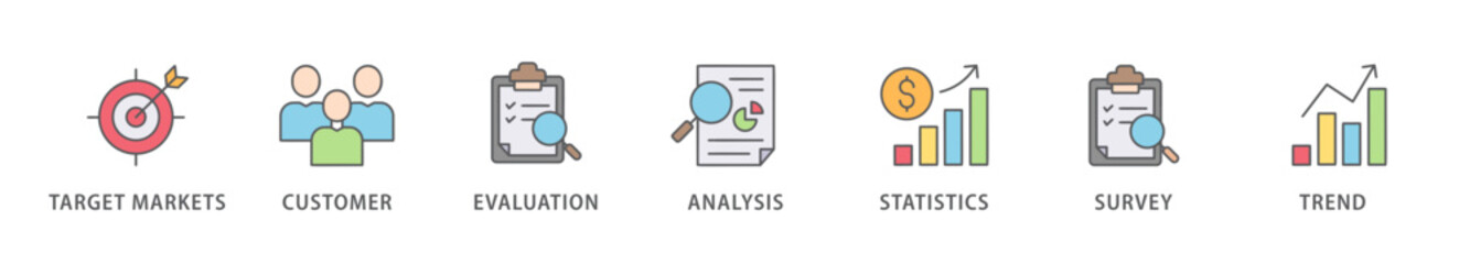 Market research banner web icon vector illustration concept with icon of target markets, customer, evaluation, analysis, statistics, survey and trend