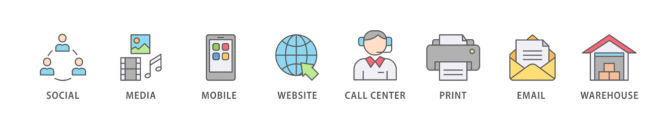 Omnichannel banner web icon vector illustration concept with icon of social media, mobile, website, call center, print, email, and warehouse