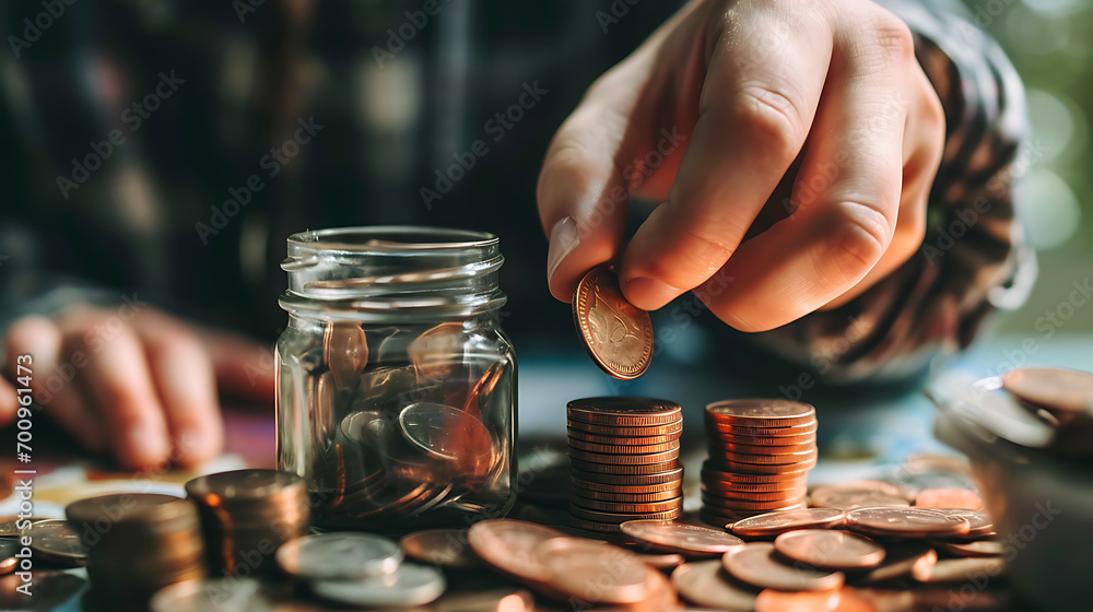 Wall mural counting coins from a glass - savings