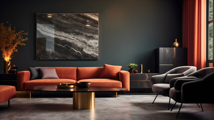 Minimalistic indoors living room interior design in orange and dark gray colors. Luxurious elegant table in the middle, abstract framed glossy wall art behind the elegant and comfortable sofa couch