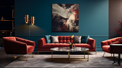 Minimalistic indoors living room interior design in orange, gray, and blue colors. Luxurious table in the middle, framed wall art behind the elegant and comfortable leather sofa, golden standing lamp