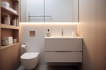 A minimalist washroom with a wall-mounted toilet, a compact sink, and a built-in storage unit, showcasing clean lines and efficient use of space.