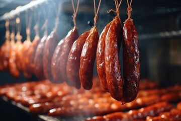 Photo of a display of hanging sausages in a market or butcher shop. industrial production of sausage and meat in a modern plant. Smoking of sausages and meat products.